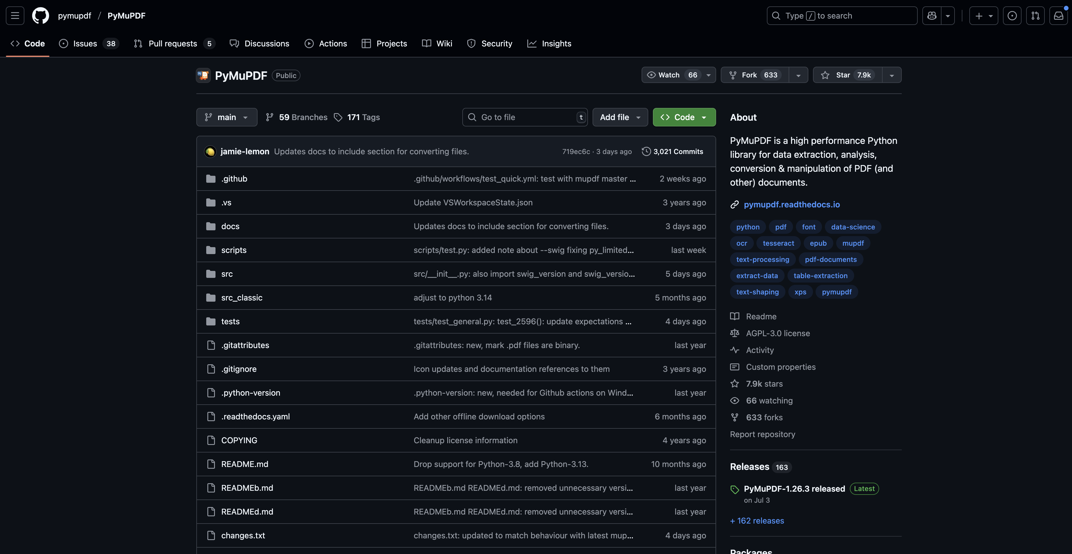 [사진 4] PyMuPDF Github 페이지 장면